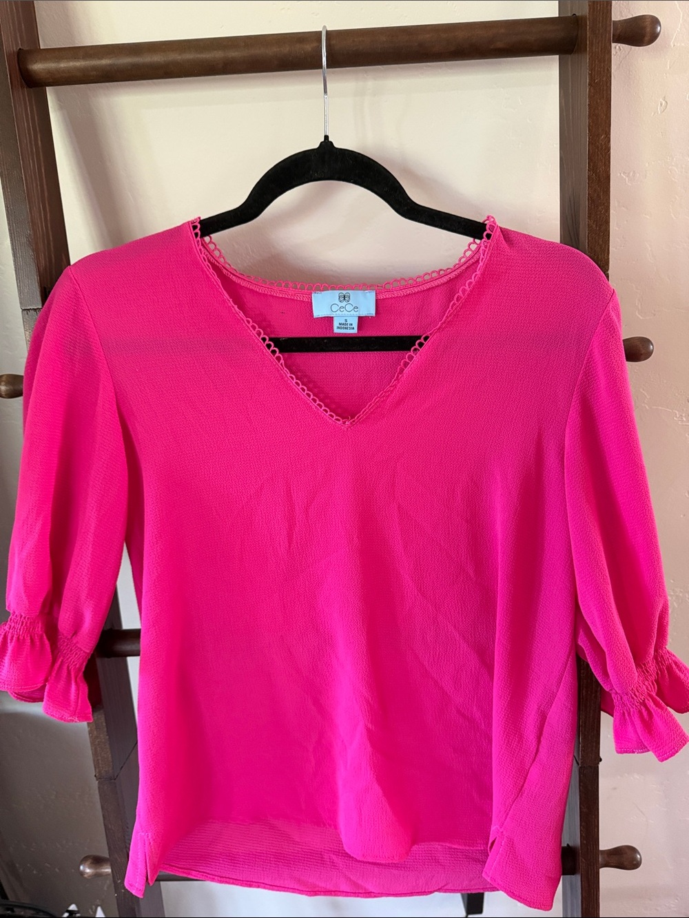 CeCe Hot Pink V-Neck 3/4 Sleeve Blouse
